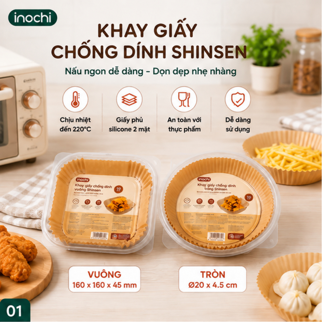 Khay Giấy Chống Dính Shinsen - Inochi Tròn 20cm 30 Tờ, Giấy Lót Nồi Chiên Không Dầu Chịu Nhiệt 220°C