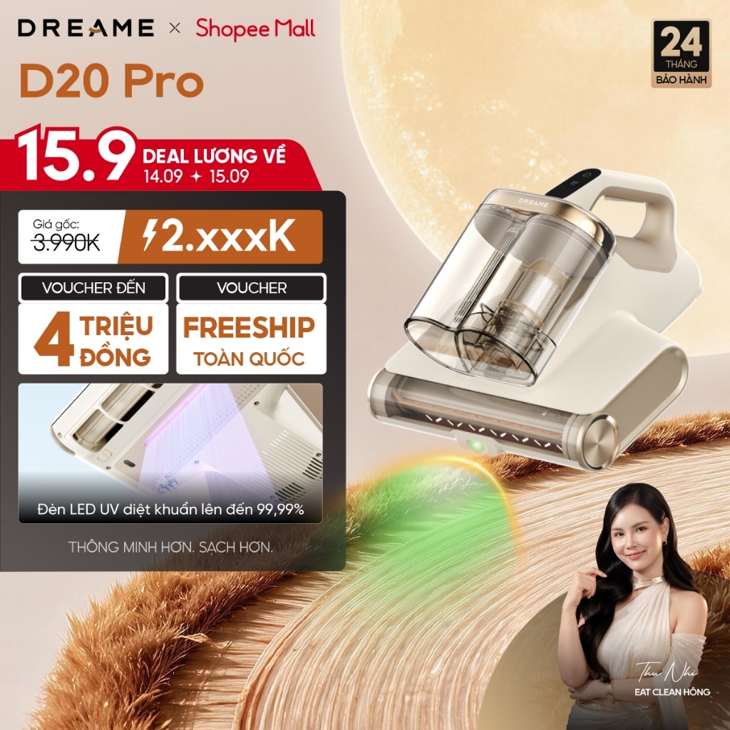 Dreame D20 Pro/ D20 Aura Máy hút bụi giường nệm | lực hút 15.500PA | Diệt khuẩn LED UV đến 99,99% | BH 24 tháng