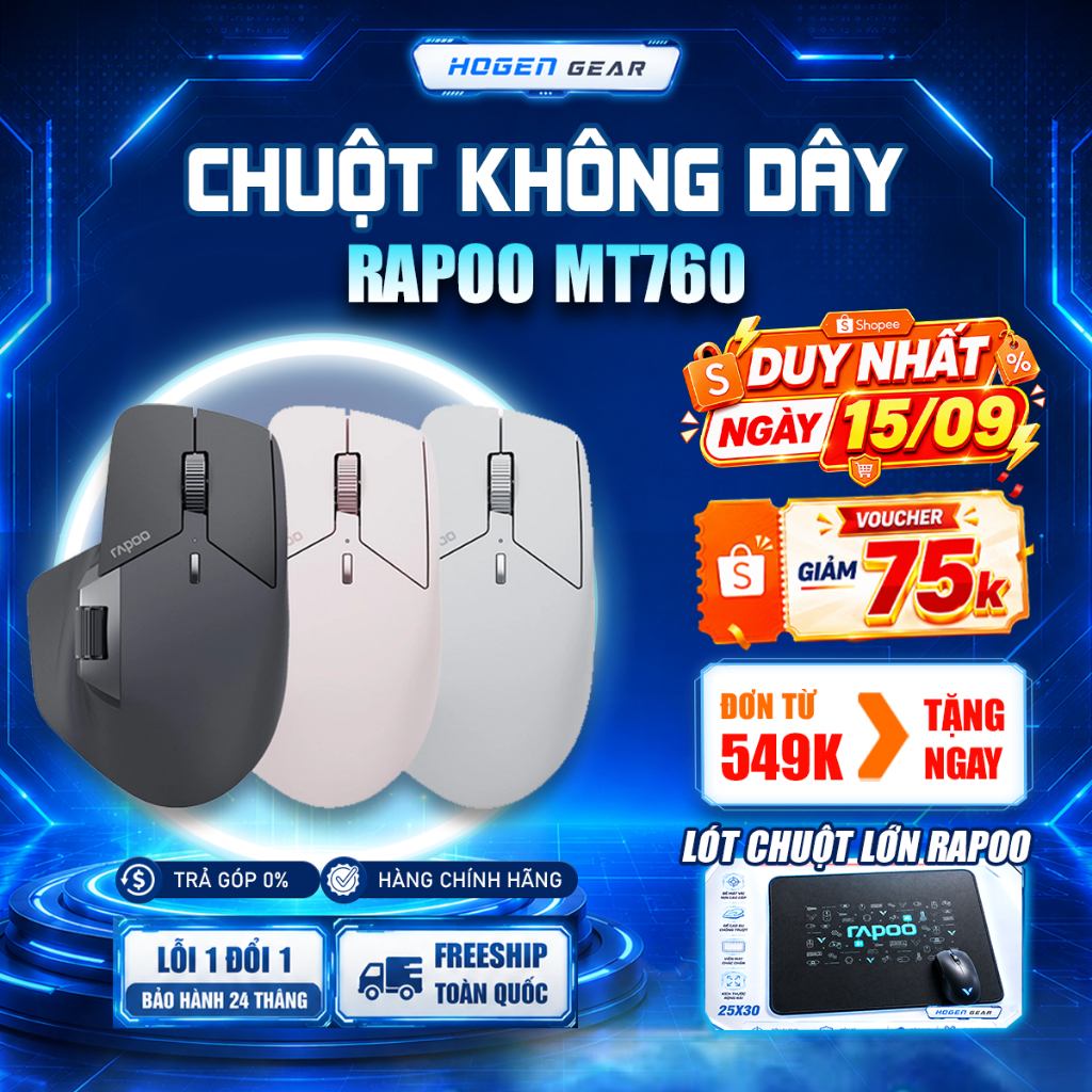 Chuột Không Dây Rapoo MT760 | 2.4G và Bluetooth 5.0 |Kết nối 5 thiết bị |Lưu cài đặt | Bảo hành 24TH