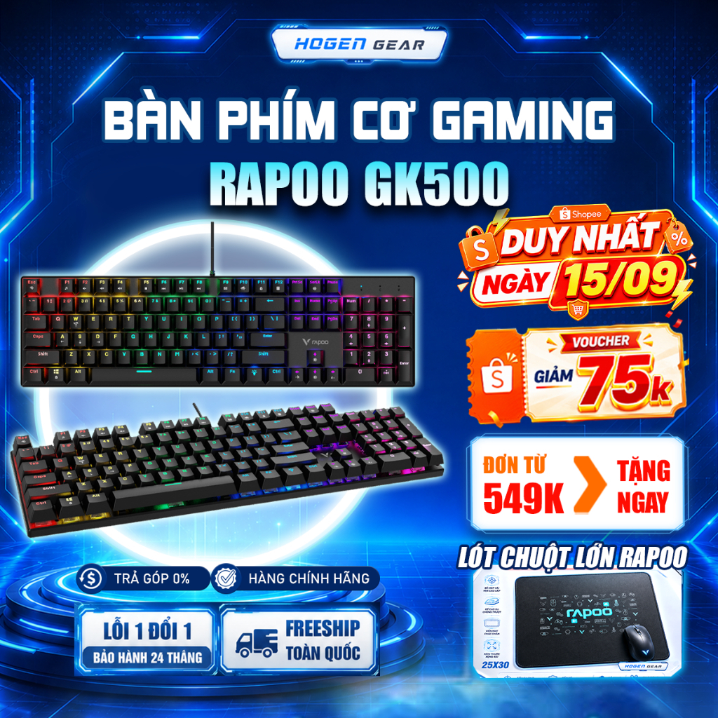 Bàn Phím Cơ Gaming Rapoo GK500 | Đèn RGB | Full Size | Chống Chàn nước | Bảo Hành 24 Tháng