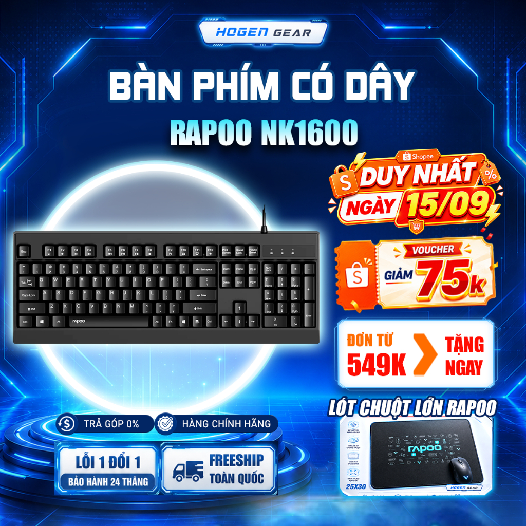 Bàn Phím Có Dây Rapoo NK1600 | Kết Nối USB | Full Size | Chống Tràn Nước | Phím Khắc Laser Bền | Bảo Hành 24 Tháng