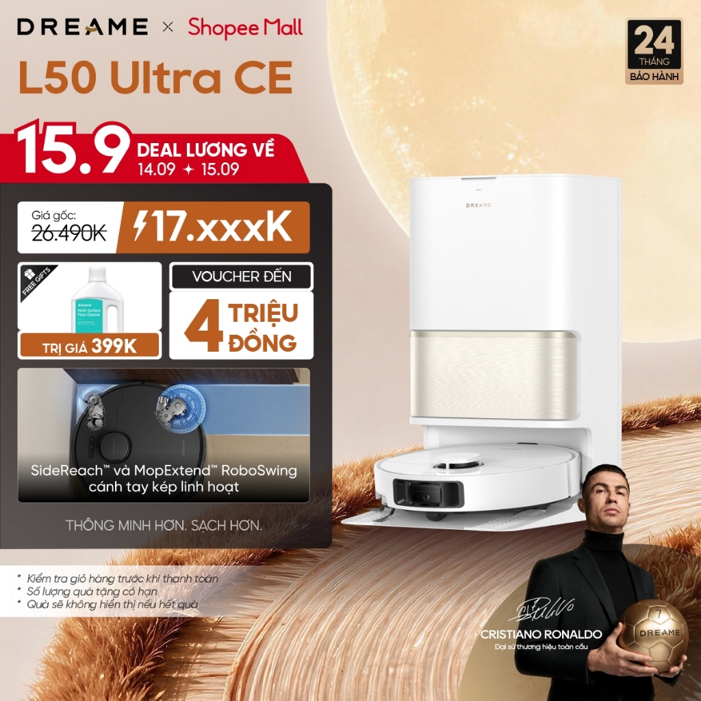 Dreame L50 Ultra CE Robot hút bụi thông minh | lực hút 25.000Pa | tự giặt giẻ nước nóng 80°C | BH 24 tháng