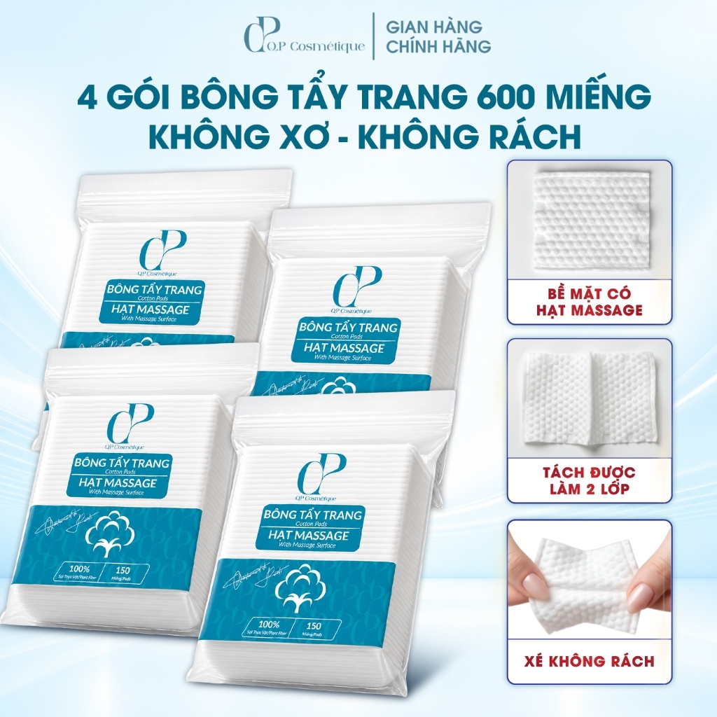 Combo 4 Gói | 600 Miếng Bông Tẩy Trang Q.P Cosmétique Không Xơ Không Rách, Hạt Massage Sạch Sâu