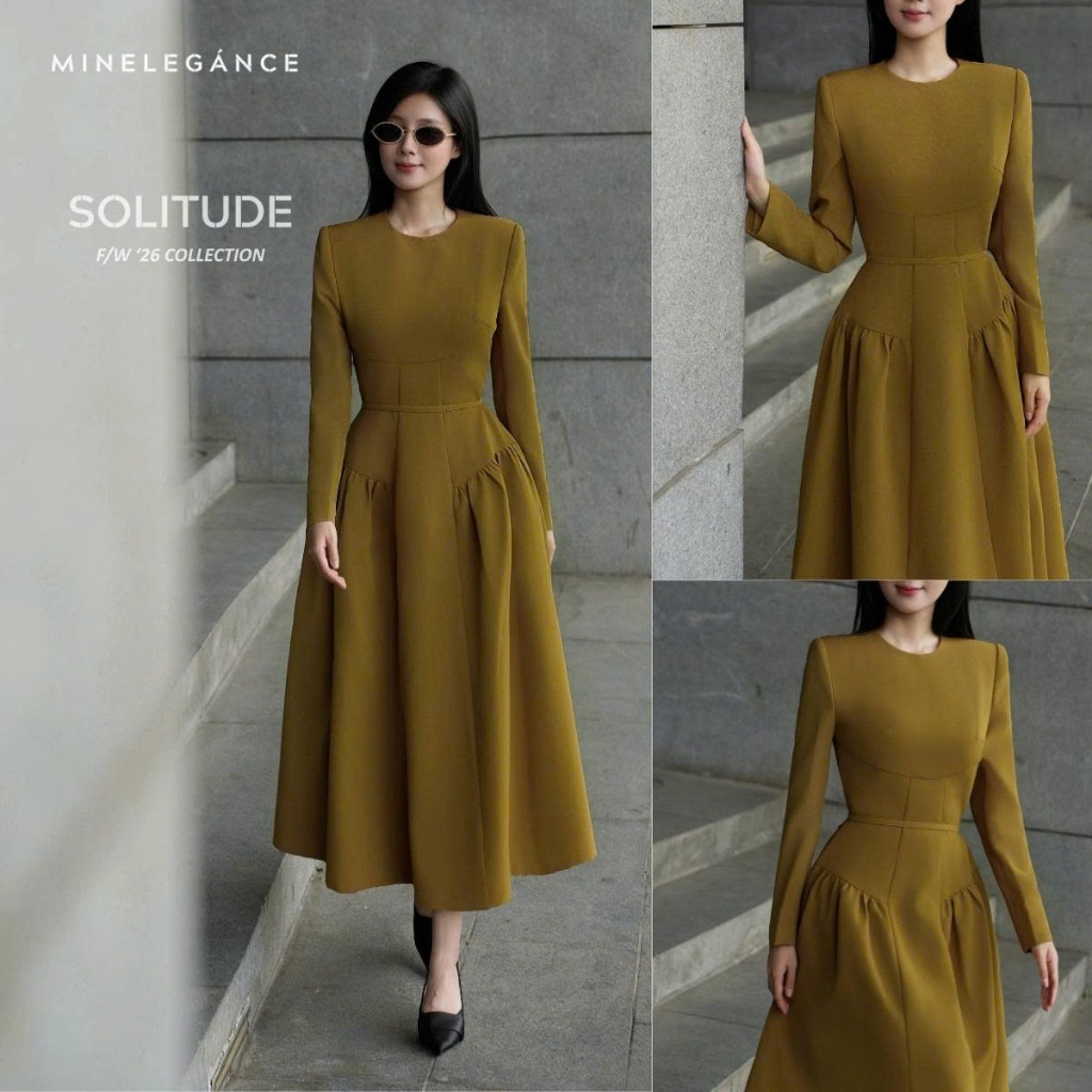 MINELEGÁNCE | VÁY XÒE CỔ TRÒN DÁNG DÀI THANH LỊCH, CÔNG SỞ - MIN140D