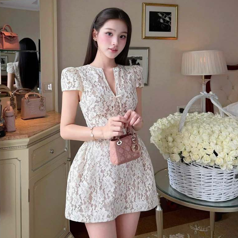 (CÓ BIGSIZE) Đầm dự tiệc ren tay phồng cổ V sang trọng quý phái Mee Dress