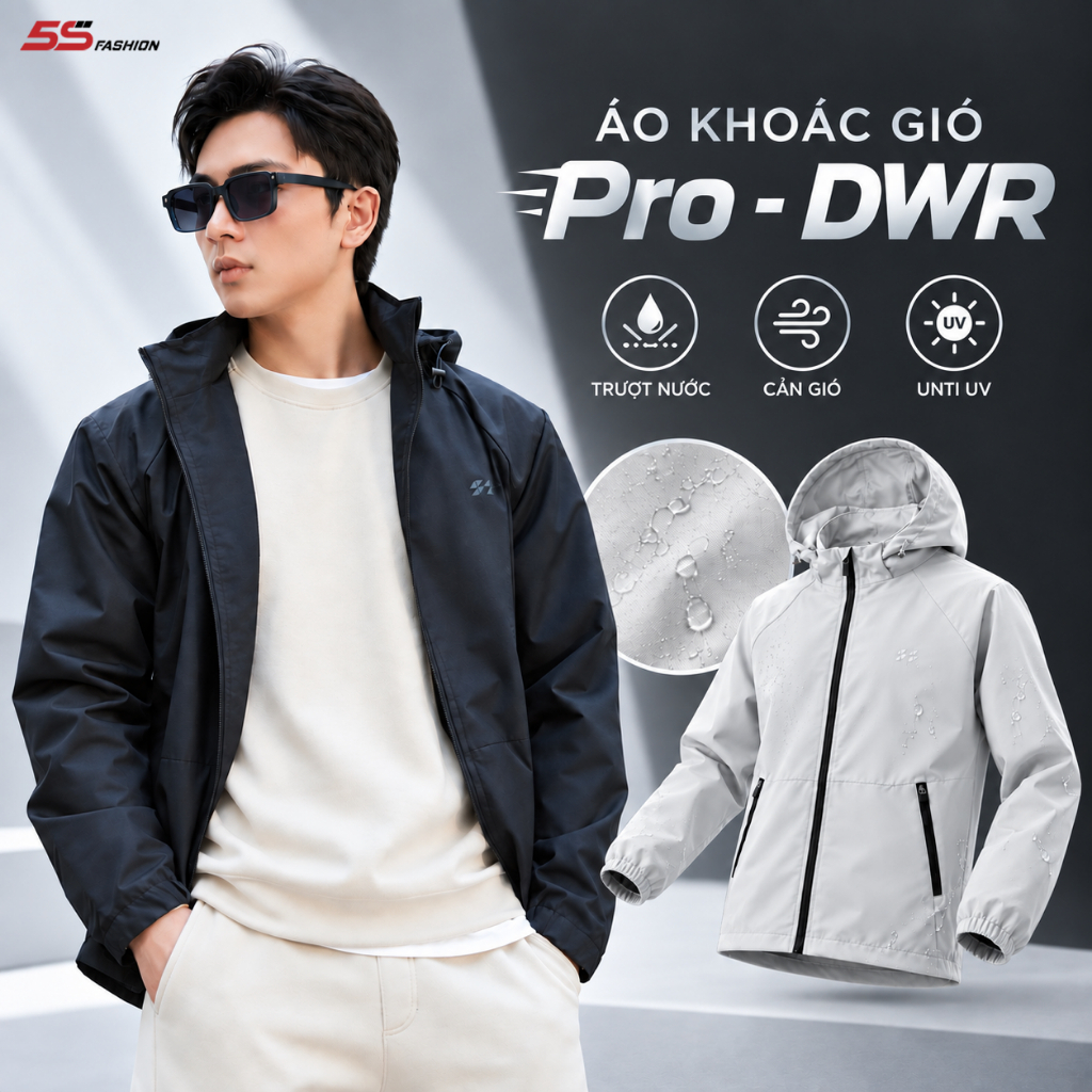 [GIÁ MỞ BÁN] Áo Khoác Gió Nam 2 Lớp Pro-DWR 5S FASHION Có Mũ Tháo Được, Trượt Nước, Chắn Gió Giữ Ấm M0AKGR5009