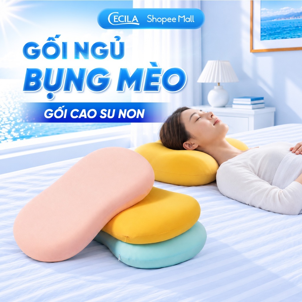 Gối cao su non CECILA Gối Nệm Y Tế cho trẻ em và người lớn, thiết kế bụng mèo, mềm mại, giảm đau cổ vai gáy