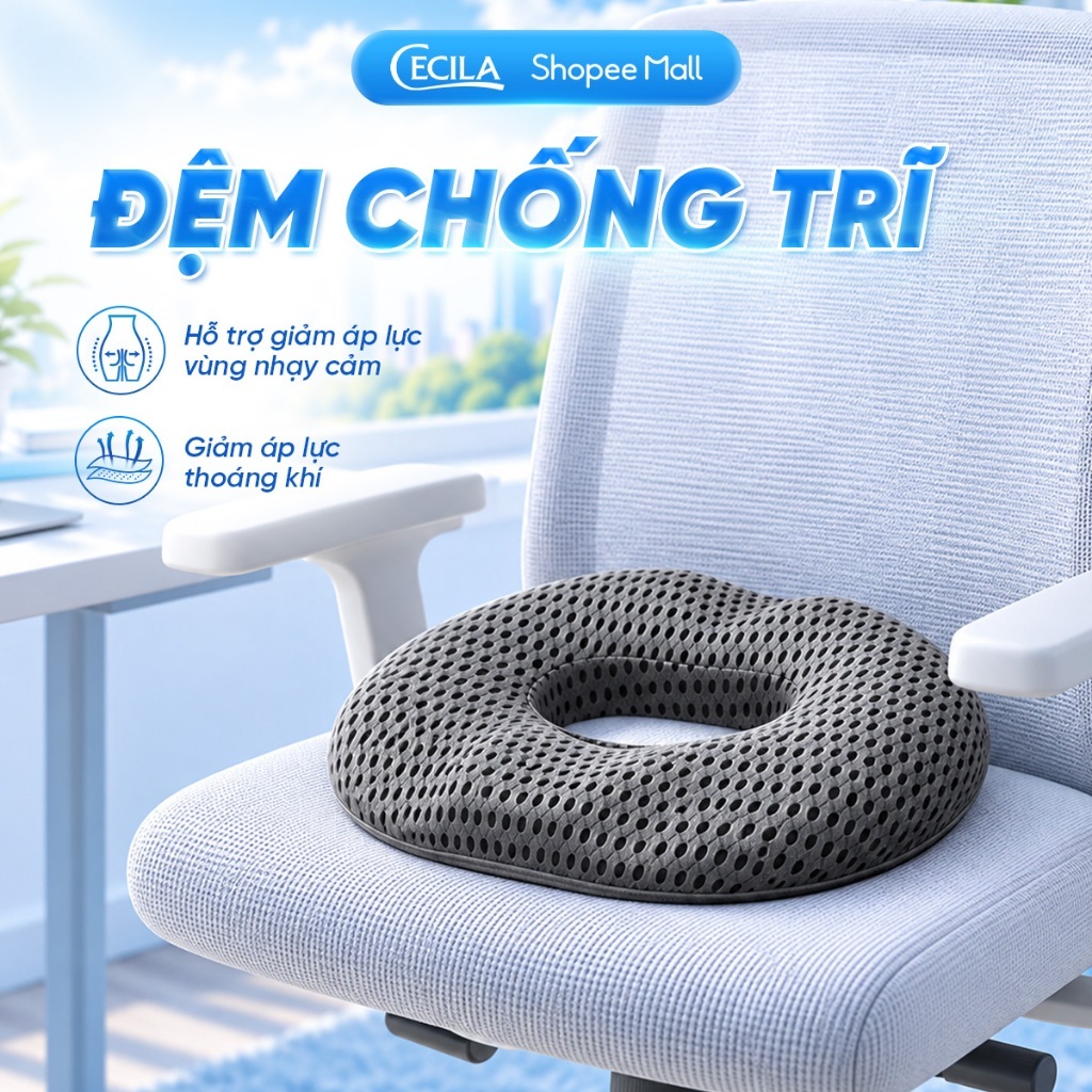 Gối lót ghế ngồi y tế chống trĩ CECILA cao su non đàn hồi giảm ê mỏi mông cho dân văn phòng, bà bầu, người bệnh trĩ