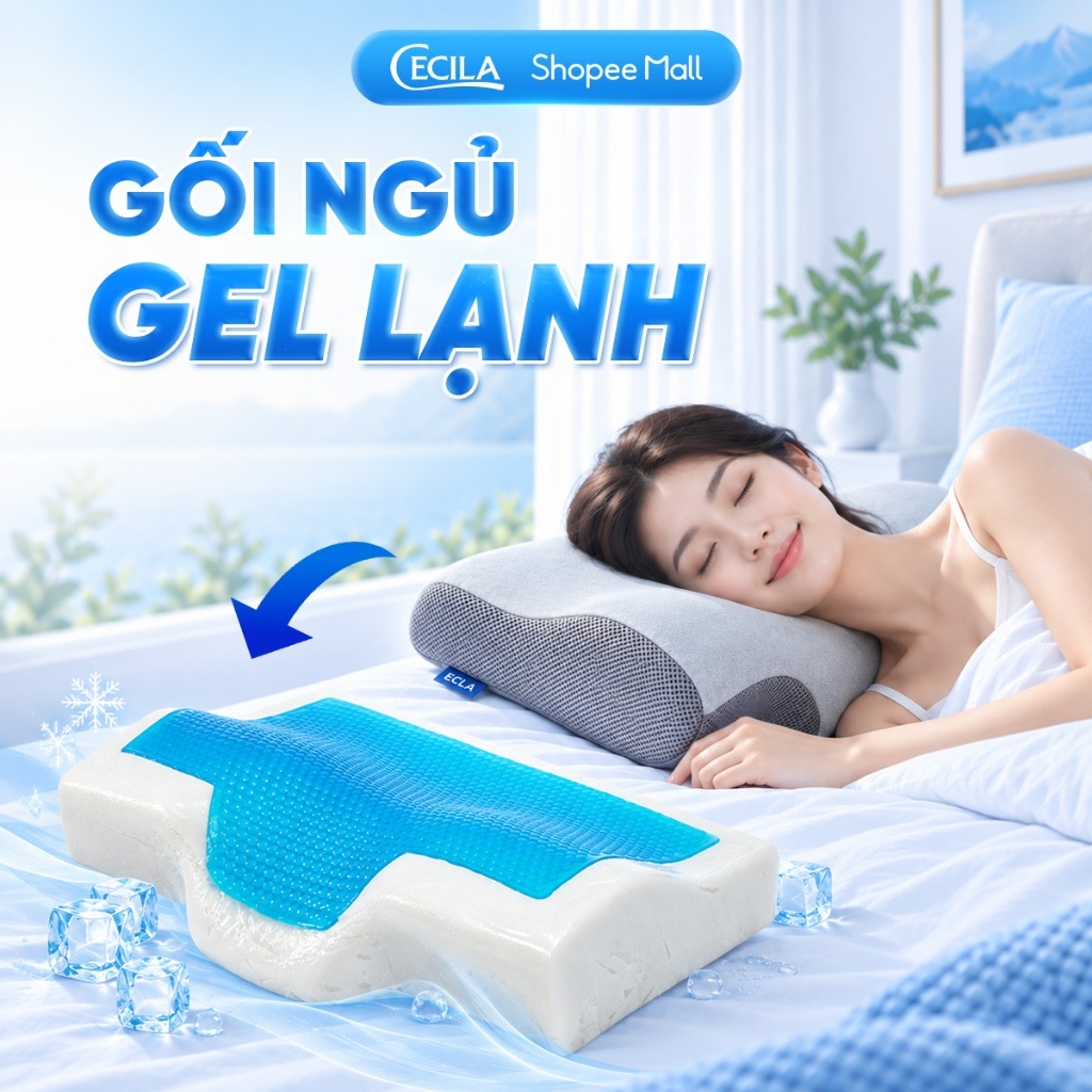 Gối cao su non người lớn CECILA thiết kế công thái học, hỗ trợ ngủ nhanh, giảm đau cổ vai gáy có gel lạnh