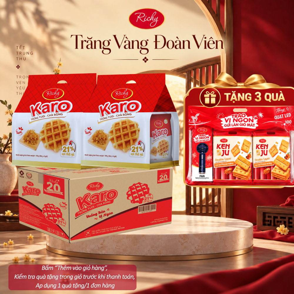 [HỎA TỐC HN] [TẶNG SET 3 QUÀ] Thùng 48 Bánh Trứng Tươi Chà Bông, Hoàng Kim Phô Mai Karo Richy 26g/gói (8 bịch)