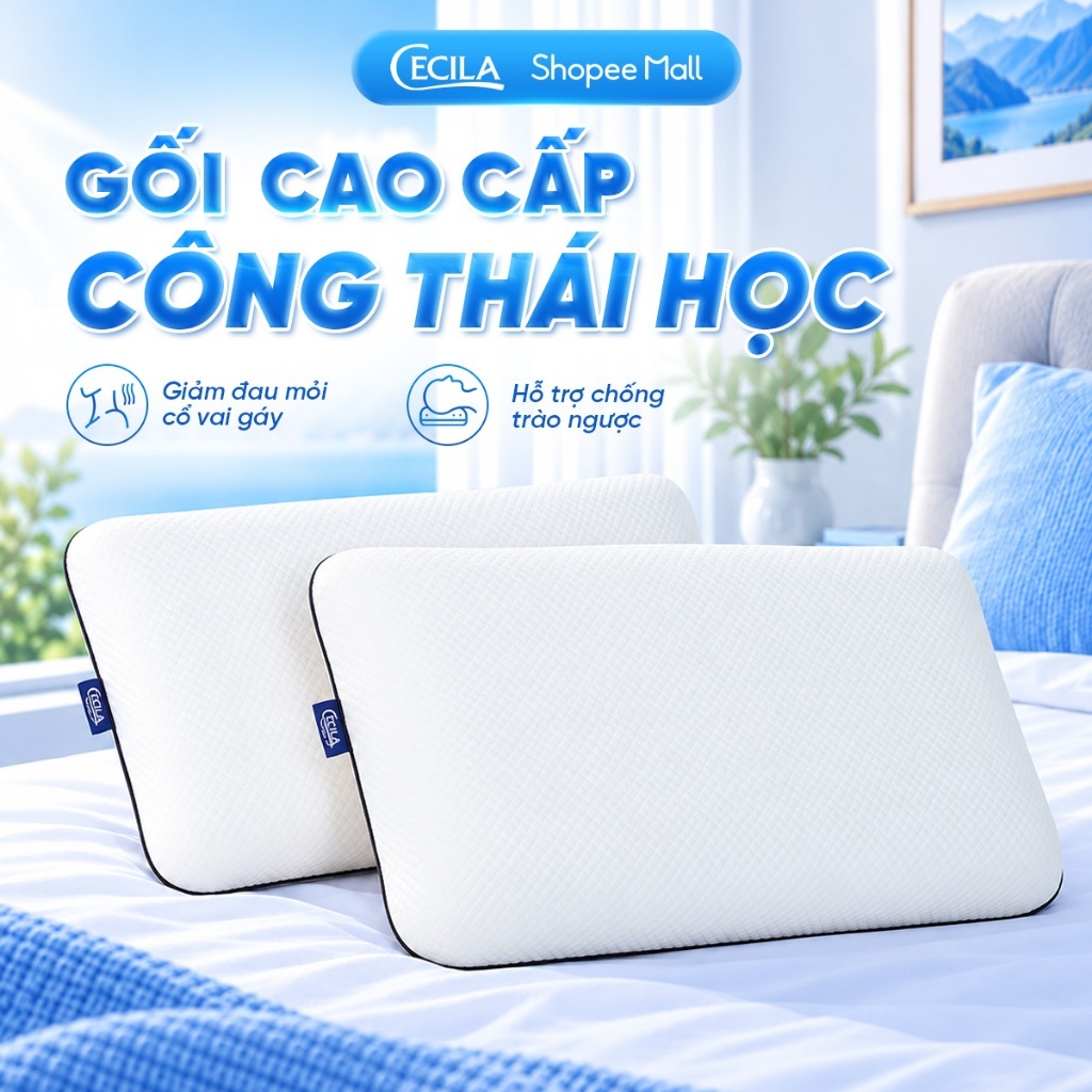Gối cao su non người lớn công thái học ngủ ngon CECILA  cao su non chống đau cổ vai gáy, hỗ trợ chống trào ngược
