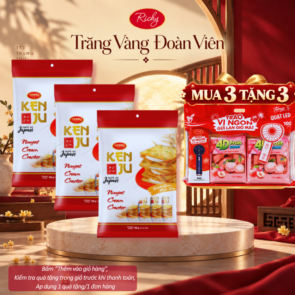 [HỎA TỐC HN] [TẶNG 3 QUÀ] Combo 3 Túi Bánh Richy Kenju Kem Dẻo 186gr Nhân Nougat Hành Kéo Sợi