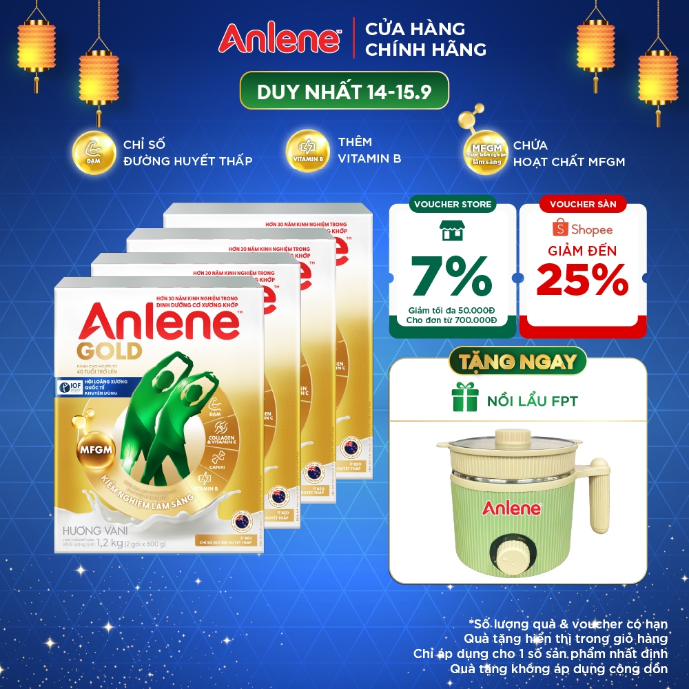 Combo 4 hộp Sữa Bột Anlene Gold Hương Vani 1.2kg ít béo, chỉ số đường huyết thấp giúp tăng cường cơ xương khớp