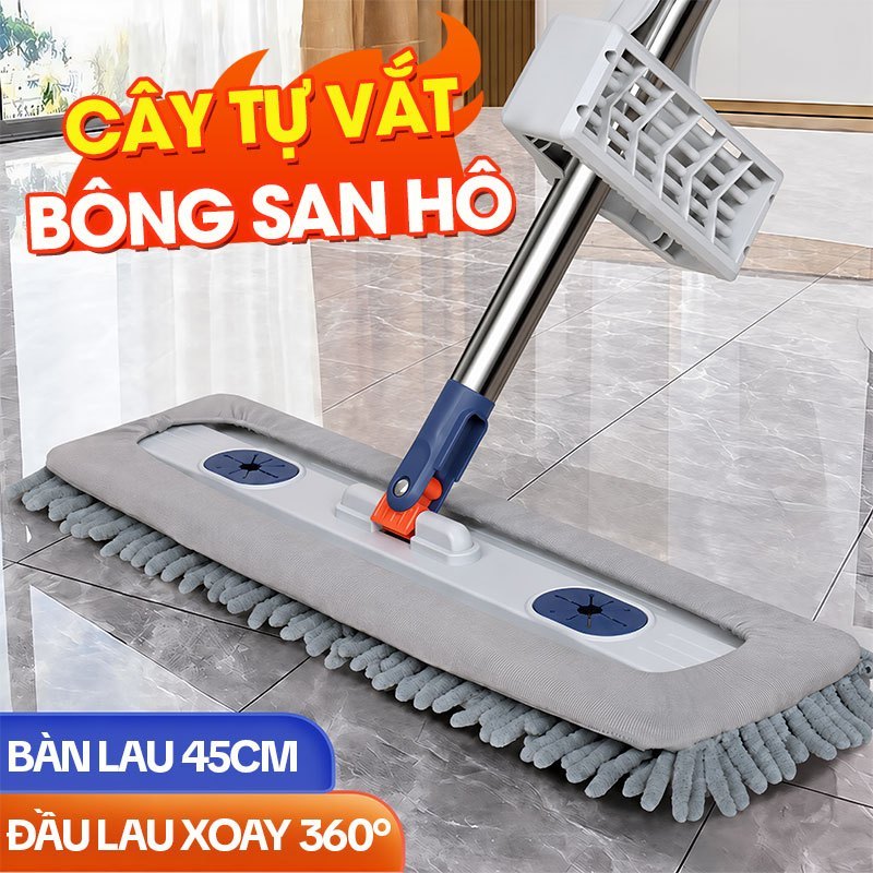 Cây Lau Nhà Tự Vắt KITIMOP CORAL Mã KTMC-01, Chổi Lau Nhà Tự Vắt Thông Minh Xoay 360 Độ, 2 Bông Lau