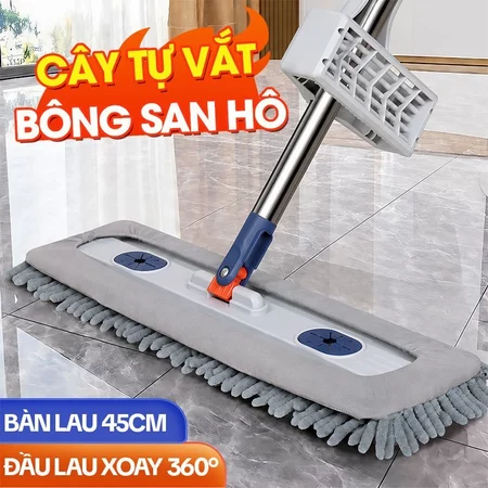 Cây Lau Nhà Tự Vắt KITIMOP CORAL KTMC-01, Chổi Lau Nhà Tự Vắt Thông Minh Xoay 360 Độ, 2 Bông Lau