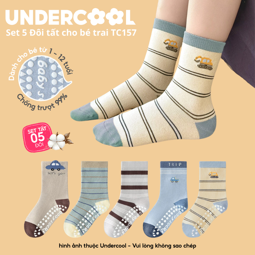 Set 5 Đôi Tất Cho Bé Trai UNDERCOOL, Vớ Trẻ Em Chống Trượt Hoạ Tiết Xe Cộ - Ô tô - Thoáng Khí (1-12 Tuổi) - TC157
