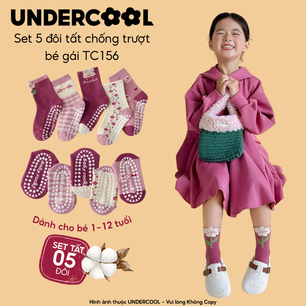 Set 5 Đôi Tất Chống Trượt Cho Bé Gái UNDERCOOL Họa Tiết Thỏ Đáng Yêu Vớ Cổ Cao Cho Trẻ Từ 1 Đến 12 Tuổi - TC156-CB5