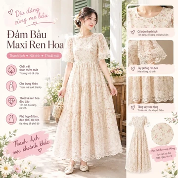 Đầm Bầu Xinh, Đầm Bầu Thời Trang Dáng Dài Thiết Kế Họa Tiết Hoa Cao Cấp. Đầm Có Lớp Lót Lụa Mềm Mát