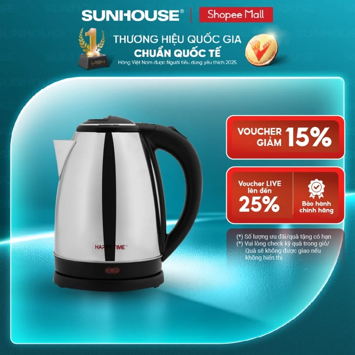 Ấm siêu tốc Inox 1.8L SUNHOUSE Happy Time HTD1081 - Hàng chính hãng - Bảo hành 12 tháng