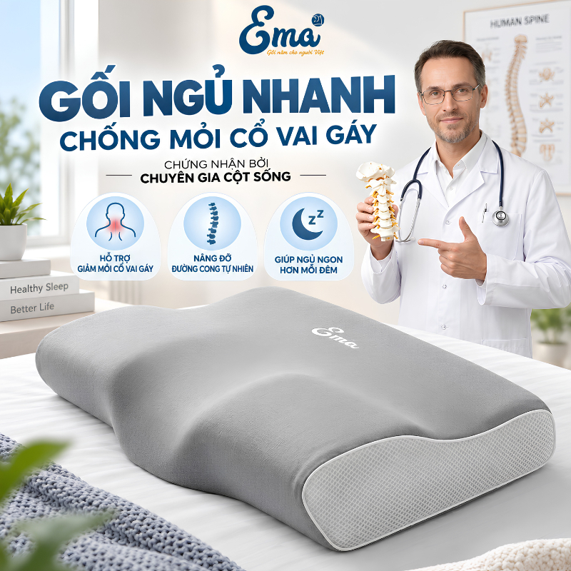 Gối chống đau mỏi cổ vai gáy có gel lạnh EMA - Thiết kế ưu việt giúp ngủ nhanh, chống ngáy