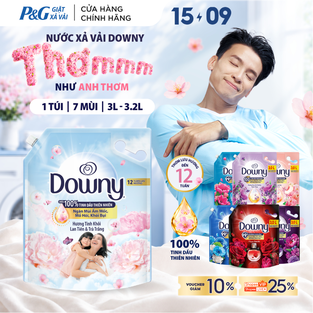 Nước Xả Vải DOWNY Tinh Dầu Thiên Nhiên/ Nước Hoa Cao Cấp/ Chống Khuẩn Nhiều Mùi Hương Túi 3L-3.2L