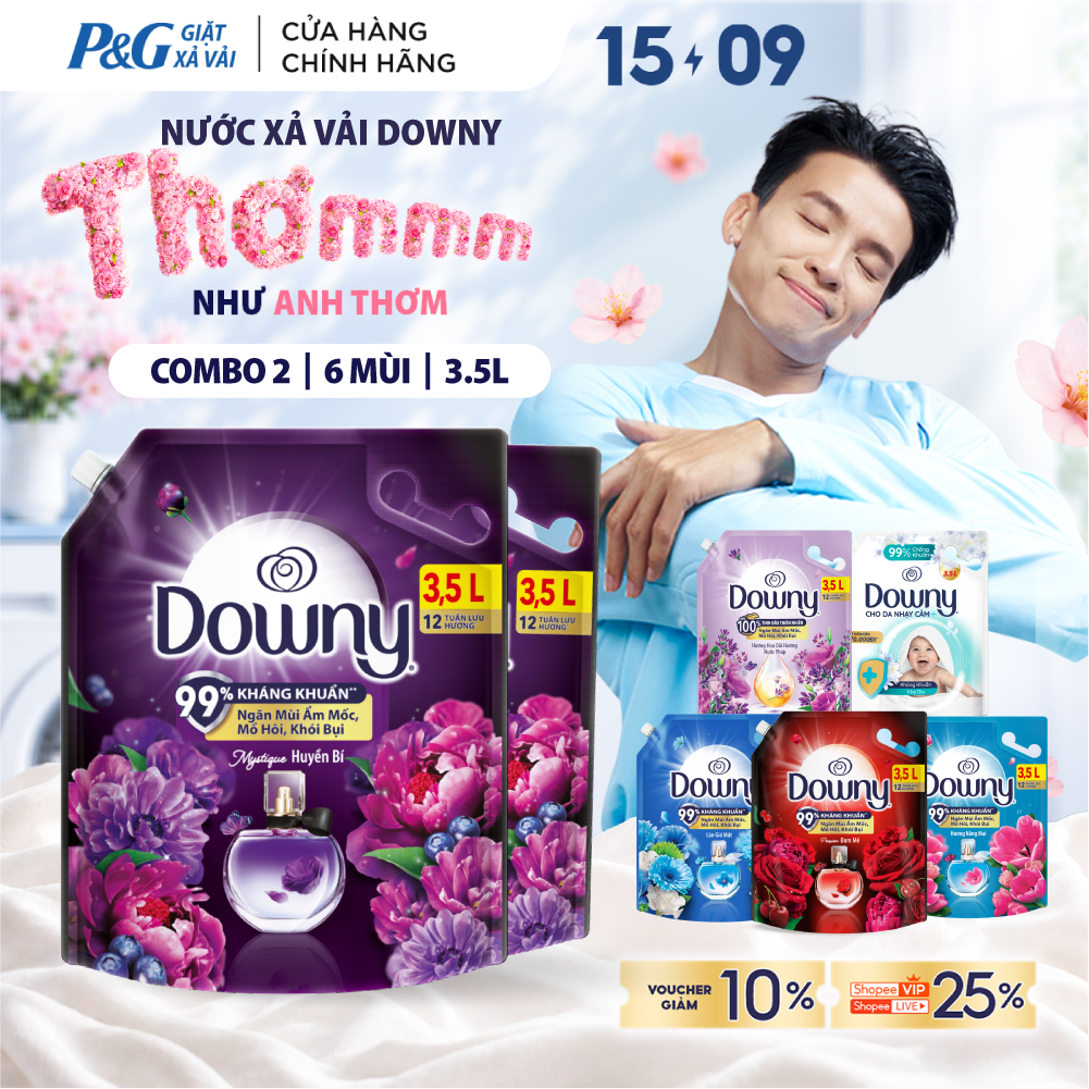Combo 2 Nước Xả Vải DOWNY Nước Hoa Cao Cấp/ Chống Khuẩn/ Tinh Dầu Thiên Nhiên Nhiều Mùi Hương Túi 3.5L