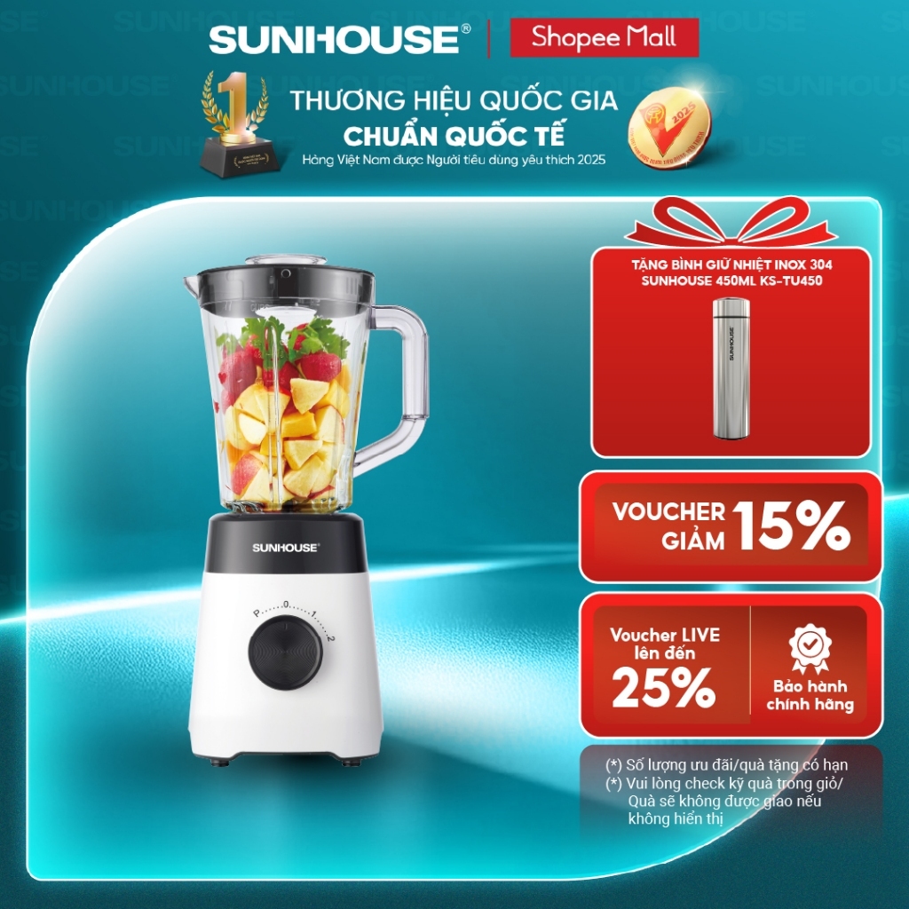Máy xay sinh tố đa năng Sunhouse SHD5114 - Công suất 450W - Lưỡi dao Inox sắc bén - 3 chức năng - Hàng chính hãng
