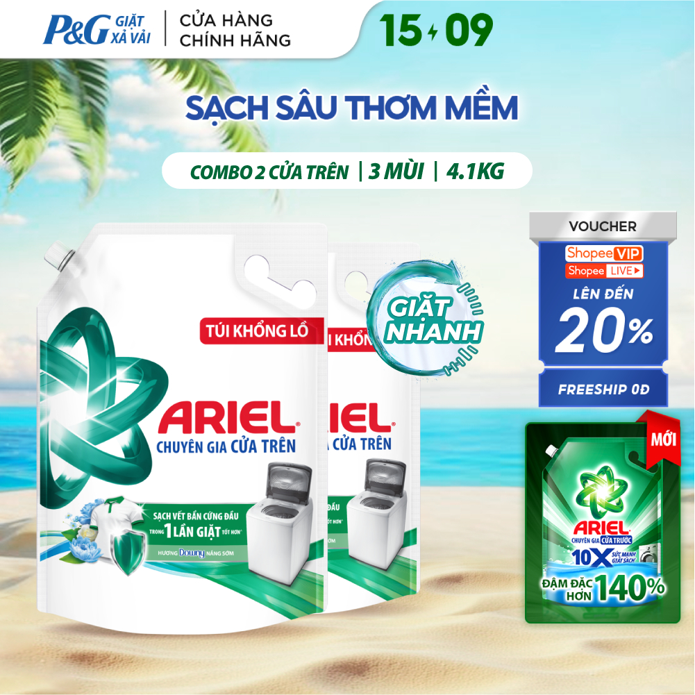 [V] Combo 2 Nước Giặt ARIEL Chuyên Gia Cửa Trên Ngăn Lem Màu Hương Downy Nắng Sớm/ Nước Hoa/ Oải Hương Túi 4.1KGx2