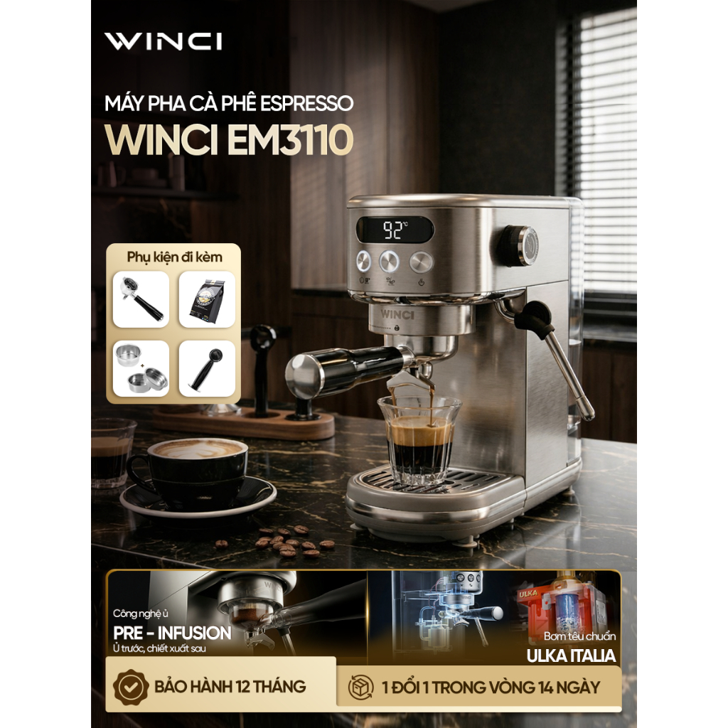 [Bao Gồm VAT] Máy pha cà phê Espresso, Capuchino, Latte Winci EM3110, bảo hành 12 tháng
