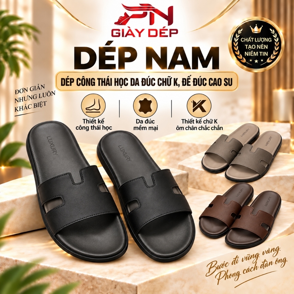 [ Dép CÔNG THÁI HỌC CHỮ K ]  Khâu Miễn Phí , Dép da đúc - Dép nam siêu bền, đế đúc cao su bền bỉ - nhẹ và ôm chân Nam De