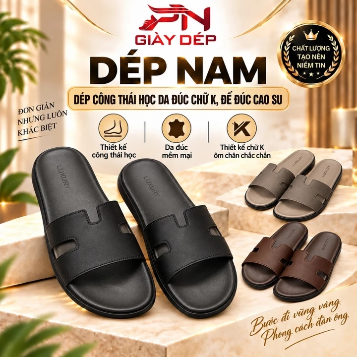 [ Dép CÔNG THÁI HỌC CHỮ K ] Khâu Miễn Phí , Dép da đúc - Dép nam siêu bền, đế đúc cao su bền bỉ - nhẹ và ôm chân Nam De