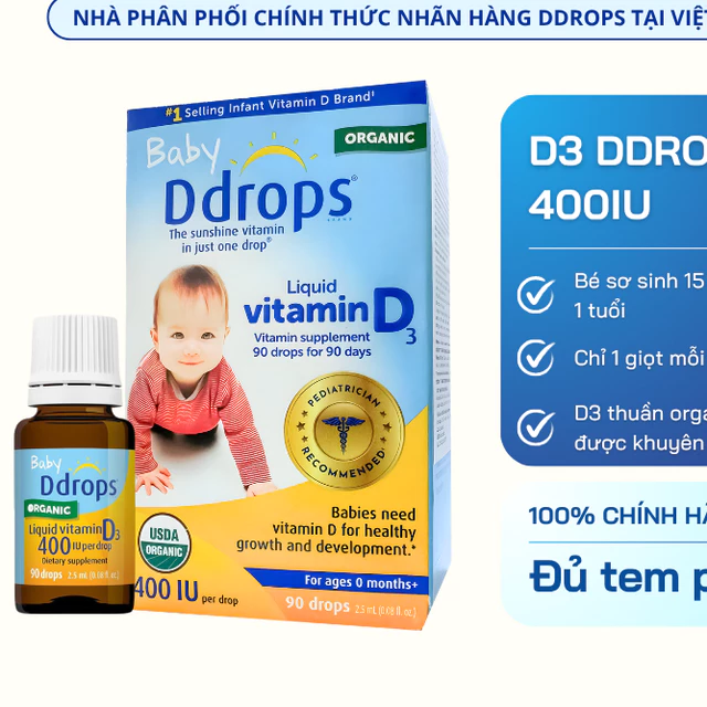 D3 Thuần Organic Ddrops 400IU dạng lỏng nhỏ giọt bổ sung vitamin D3 cho bé tăng cường sức đề kháng khỏe mạnh <1y