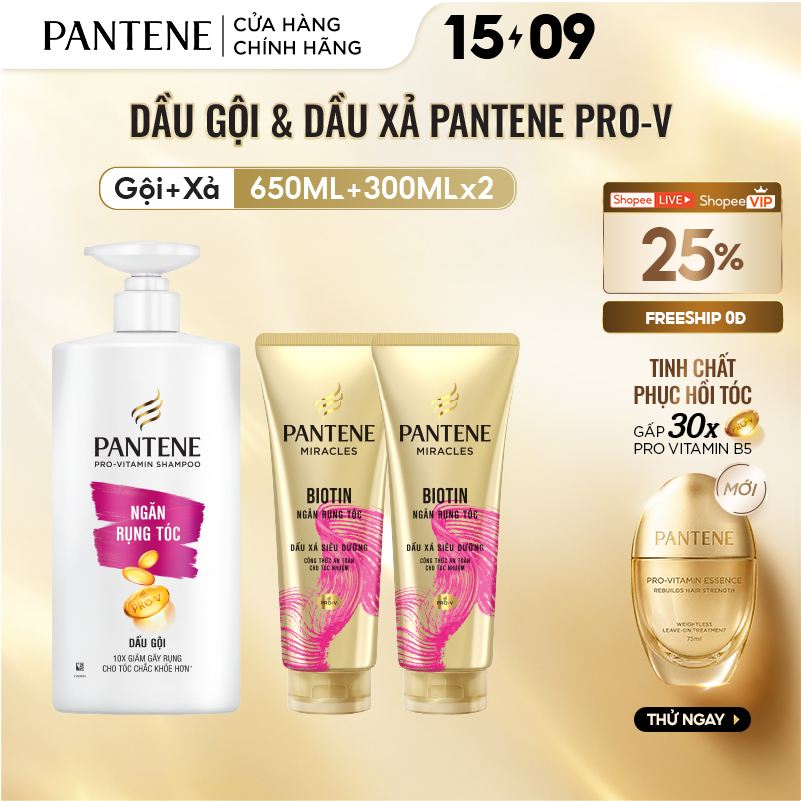 Combo Dầu Gội PANTENE Pro-V Và Dầu Xả Siêu Dưỡng Ngăn Rụng Tóc - Chai 650ML & 300MLx2