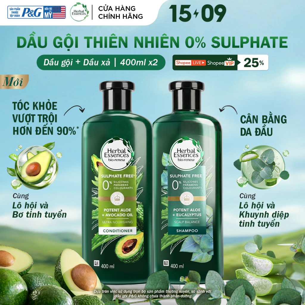 [MỚI] Combo 2 Dầu Gội Xả Thiên Nhiên HERBAL ESSENCES Tinh Chất Thực Vật Thật Từ Lô Hội/ Bơ/ Bạch Đàn Chai 400ML