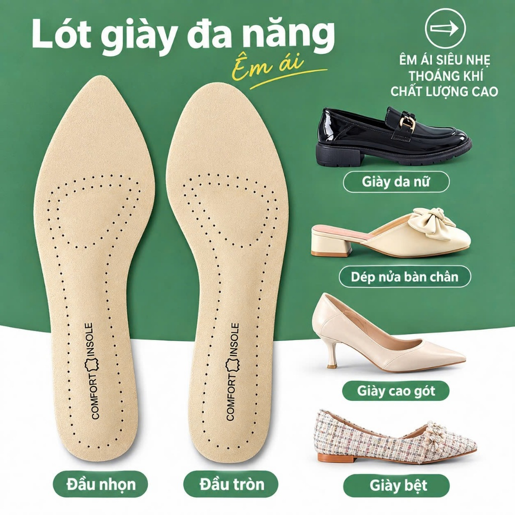Lót giày cao gót giày búp bê nữ nguyên bàn chân giúp êm chân có keo dán thấm hút mồ hôi SHOECARE LCG03