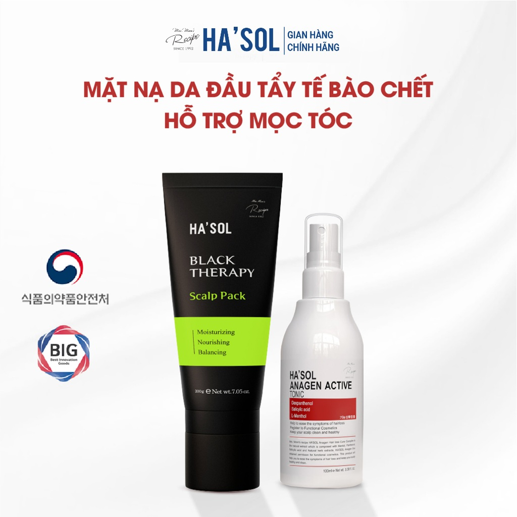 Combo Chăm Sóc Da Đầu Mặt Nạ Da Đầu Ha'sol Black Therapy Scalp Pack + Xịt Mọc Tóc Ha'sol Anagen Active