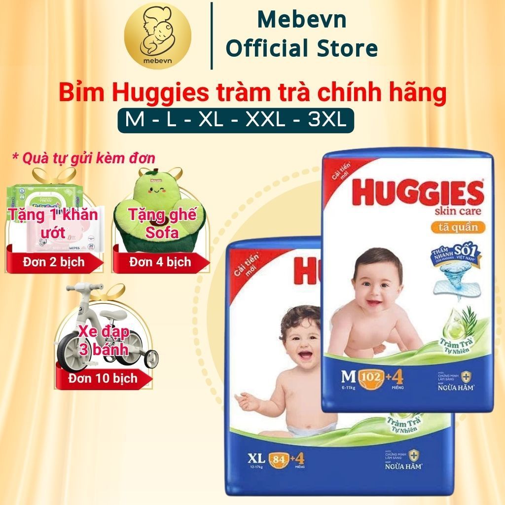 Bỉm Huggies Tràm Trà Chính Hãng, Huggies tràm trà siêu nhiều miếng đủ size M/L/XL/XL/XXL/XXXL