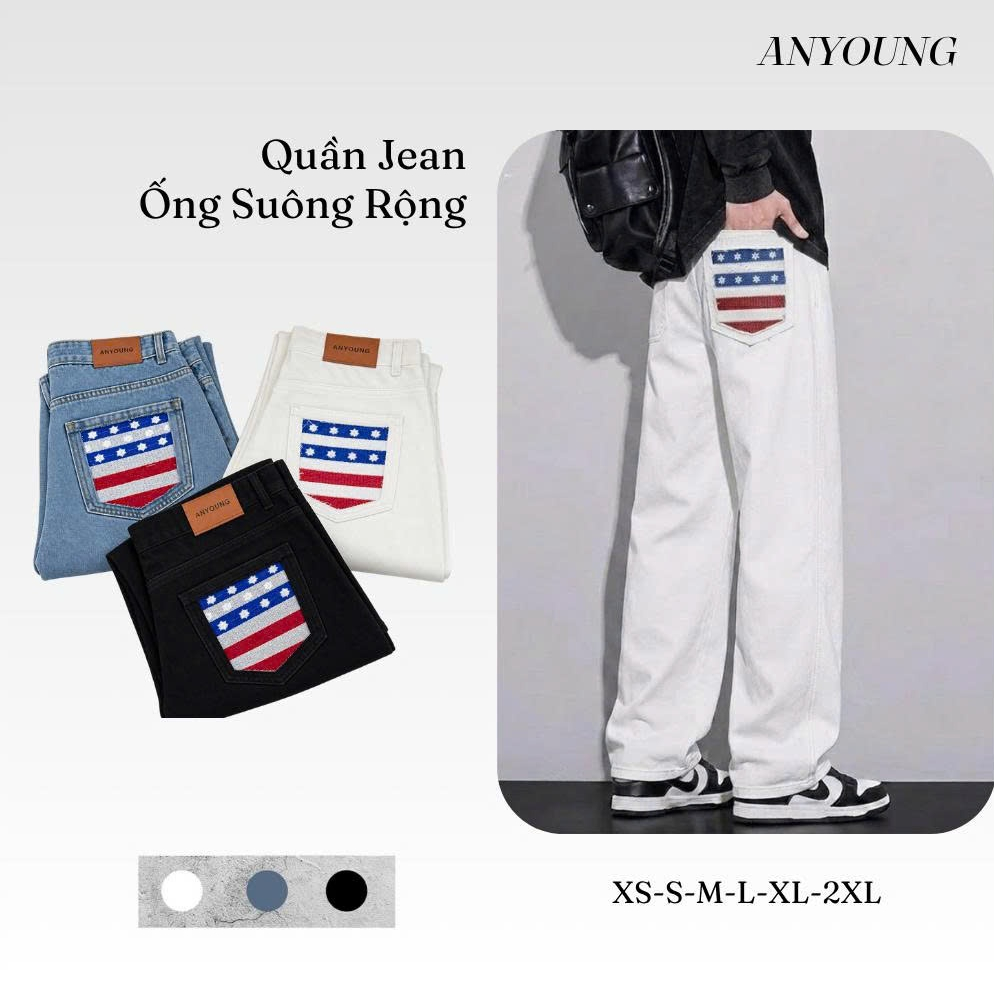 Quần Jean Ống Suông Rộng ANYOUNG-Nổi Bật Với Túi Sau Thêu  'Cờ Sao' Form Rộng Streetwear Nam Nữ Chất Liệu Jean đẹp QD338