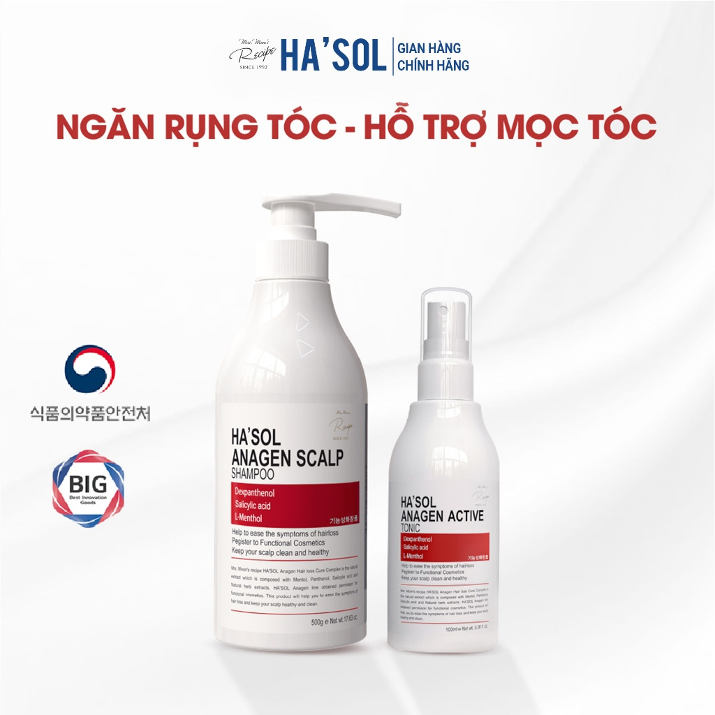 Combo Dầu Gội HASOL Hỗ Trợ Giảm Rụng và Mọc Tóc Ha'sol Anagen Scalp Shampoo 500g + Xịt Ha'sol Anagen Active Tonic100ml