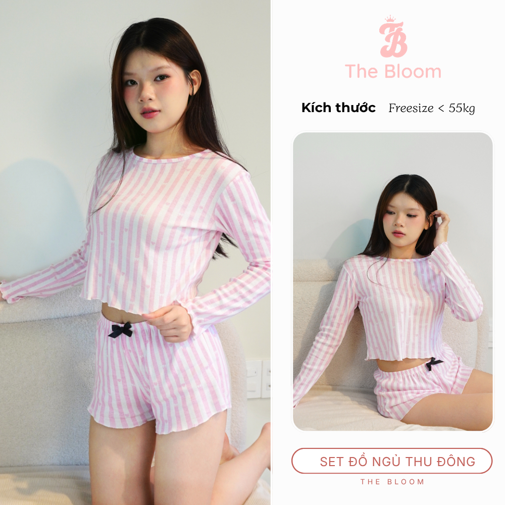 Set đồ ngủ sọc hồng tay dài kèm quần short phối nơ ống xòe, set ngủ tiểu thư chất cotton Loungewear THE BLOOM|SE015