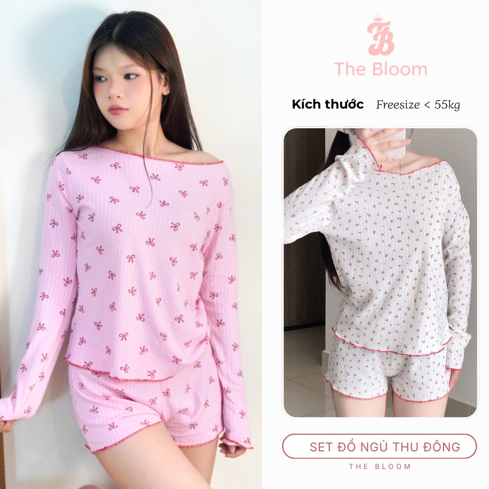 THE BLOOM | Set Bộ Đồ Ngủ Tiểu Thư Áo Tay Dài Và Quần Đùi Form Rộng Chất Thun Cotton, Bộ Đồ Ngủ Nữ - SE098