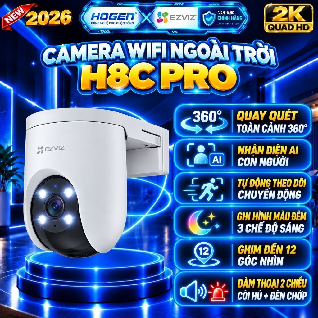 Camera Wifi Ezviz Ngoài Trời H8C PRO, H8 Cao Cấp 2K/3K - Xoay 360, Đàm Thoại 2 Chiều,Có Màu Ban Đêm