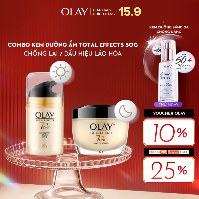 Bộ Kem Dưỡng OLAY TOTAL EFFECTS Ngày & Đêm Phục Hồi & Ngăn 7 Dấu Hiệu Lão Hóa 50G X2