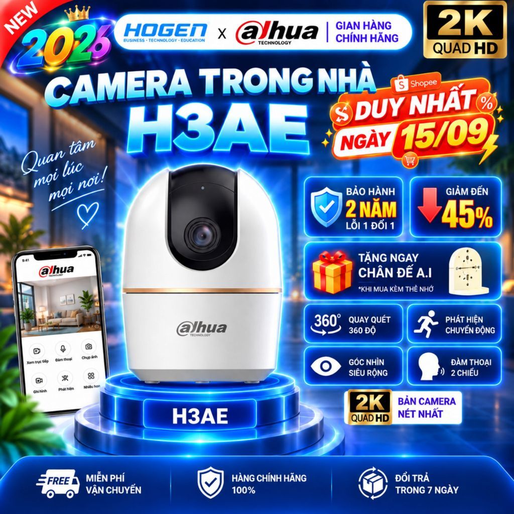 Camera Wifi Trong Nhà Dahua H3AE/H5AE 2K/3K–Xoay Quét 360,Đàm Thoai 2 Chiều,Phát Hiện Người, BH 24TH