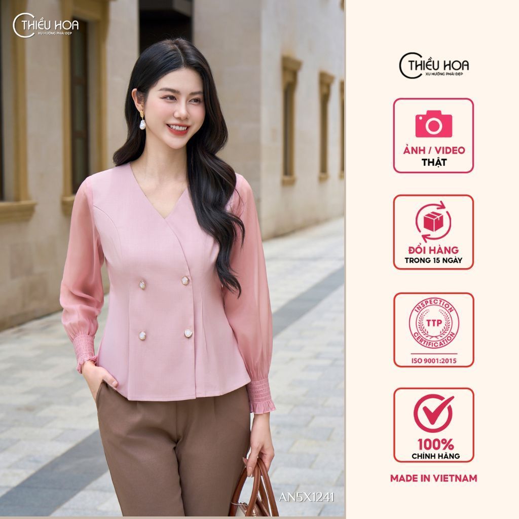 Áo kiểu nữ được làm từ chất liệu Bố xược phối voan với thiết kế thanh lịch sang trọng, thương hiệu Thiều Hoa AN5X1241