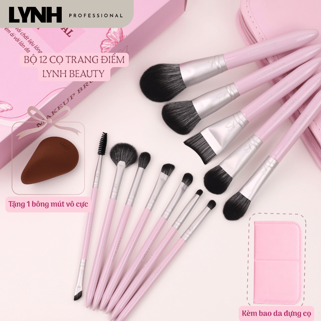 Bộ 12 Cọ Trang Điểm Chuyên Nghiệp LYNH Brush Hồng kèm Bao Da Gấp Gọn