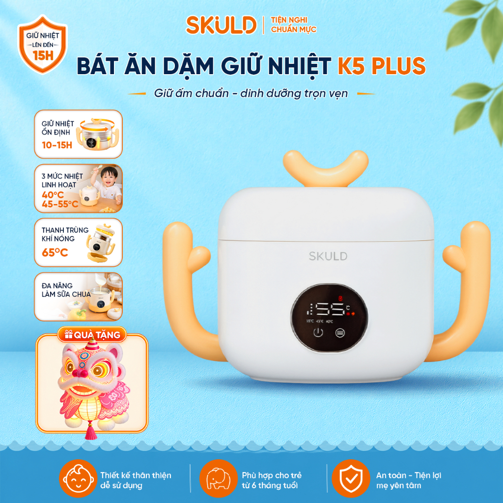 Bát Ăn Dặm Giữ Nhiệt Cho Bé SKULD K5PLUS – Tích Điện, Làm Ấm Đa Chiều, Khử Khuẩn, Bảo Vệ Sức Khoẻ Cho Bé