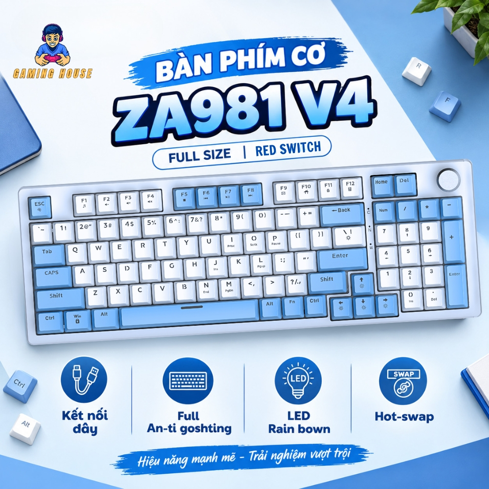Bàn phím cơ ATAS ZA981 V4 - Layout Full size - Hotswap - Red Switch - LED 9 chế độ - Kết nối Type-C