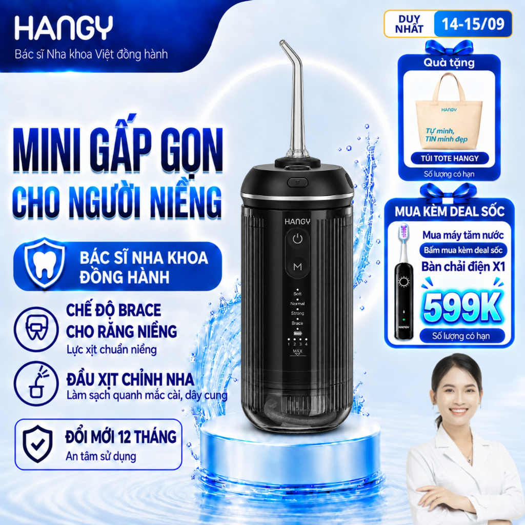 Máy tăm nước mini HANGY O16 & HM06 gấp gọn cho người niềng - Khởi động mềm, 4 chế độ làm sạch
