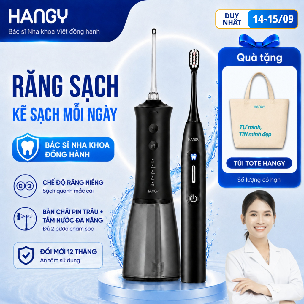 [Combo] Máy tăm nước HANGY HN26 & Bàn chải điện H1 Pro - Công nghệ 3s êm dịu, Sạch sâu kẽ răng
